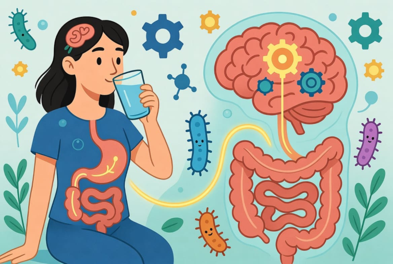 Ilustração do eixo cérebro intestino. Um cérebro humano flutuando acima de um intestino saudável, conectados por uma rede brilhante de nervos e neurotransmissores. Microbiota intestinal e hélices de DNA ao fundo, representando a conexão entre o sistema digestivo e o sistema nervoso.