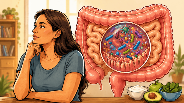 Microbiota intestinal e obesidade ilustradas em desenho anatômico detalhado do intestino humano com destaque para as bactérias intestinais e sua relação com a saúde metabólica.