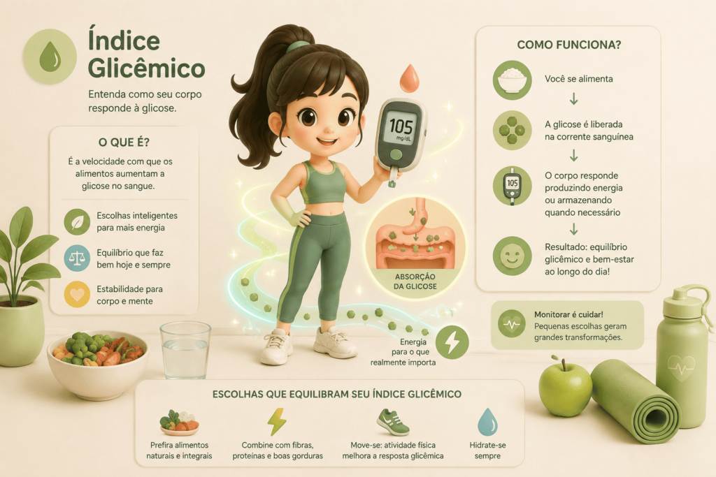 Calculadora de Carga e Índice Glicêmico : Ilustração semirrealista de uma boneca japonesa com roupa de academia ao lado de um aparelho de glicemia, curvas suaves e elementos que representam a absorção da glicose e o índice glicêmico.