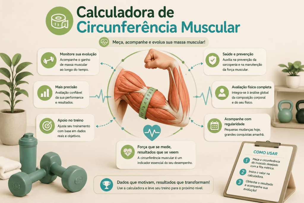 Calculadora de Circunferência Muscular do Braço (CMB): Ilustração anatômica de um braço mostrando os músculos, fita antropométrica e elementos de avaliação física em ambiente clínico moderno.