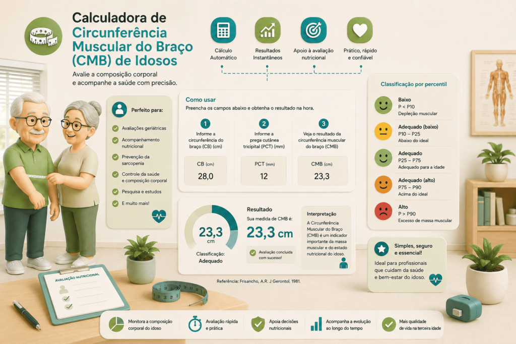 Ilustração da Calculadora de Circunferência Muscular do Braço (CMB) de Idosos, ferramenta para avaliação antropométrica que estima a massa muscular do braço, auxilia na identificação de sarcopenia e no acompanhamento do estado nutricional da pessoa idosa.