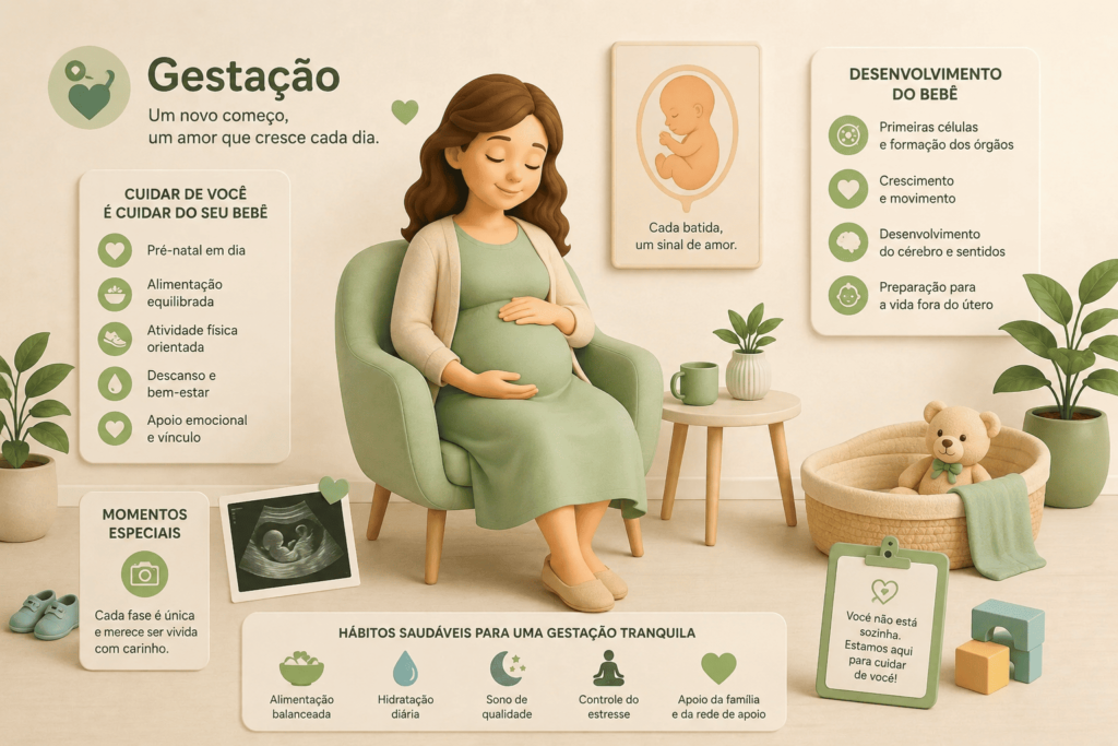 Calculadora de Gestação: Ilustração semirrealista de uma mulher grávida em ambiente acolhedor, cercada por elementos delicados que representam o desenvolvimento do bebê, maternidade e cuidados durante a gestação.