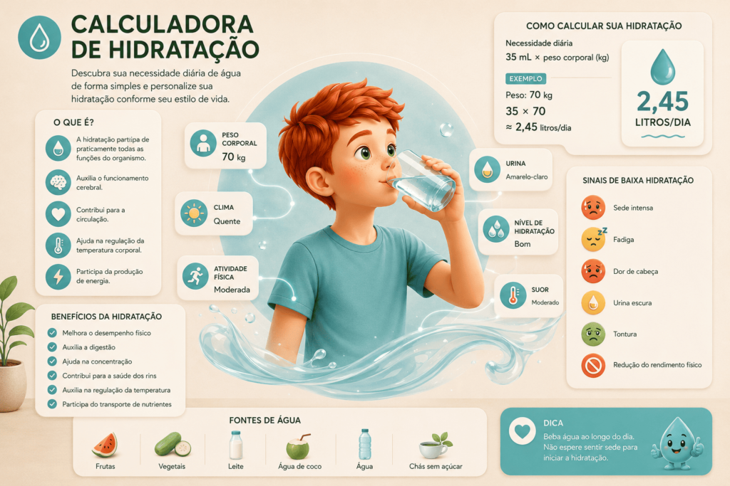 Ilustração semirrealista de um garoto ruivo bebendo água em um ambiente clean, cercado por gotas, formas fluidas e partículas translúcidas que representam  Calculadora de Hidratação e frescor.