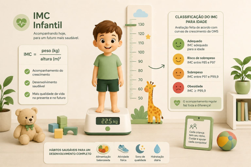 Infográfico sobre Calculadora de IMC Infantil mostrando uma criança em uma balança digital ao lado de um medidor de altura, fórmula do Índice de Massa Corporal, classificação da Calculadora de IMC Infantil com IMC por idade segundo curvas da OMS e hábitos saudáveis para o crescimento infantil, em fundo bege com design moderno.
