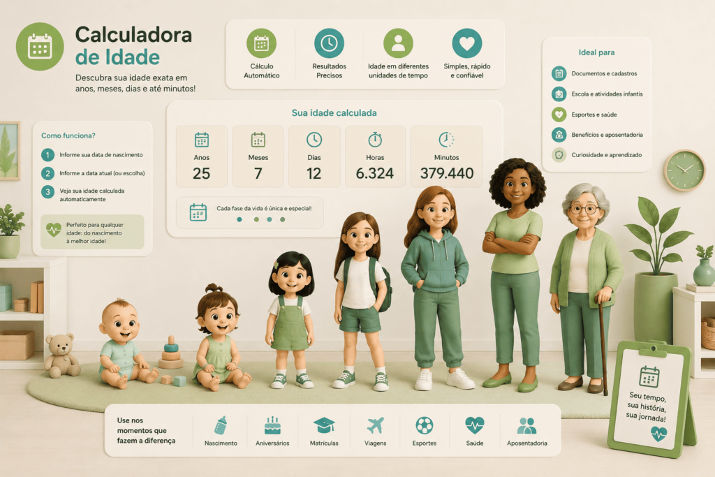 Calculadora de Idade: Ilustração 3D mostrando bonecas representando as diferentes fases da vida, do bebê à idosa, em ambiente acolhedor com calendário e elementos que simbolizam a passagem do tempo.