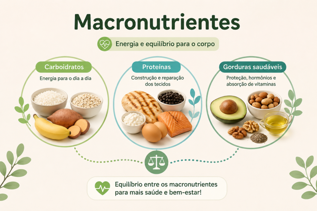 Calculadora de Macronutrientes: Ilustração semirrealista de alimentos naturais representando carboidratos, proteínas e gorduras saudáveis organizados de forma equilibrada, conectados por elementos gráficos minimalistas em tons de azul e turquesa.