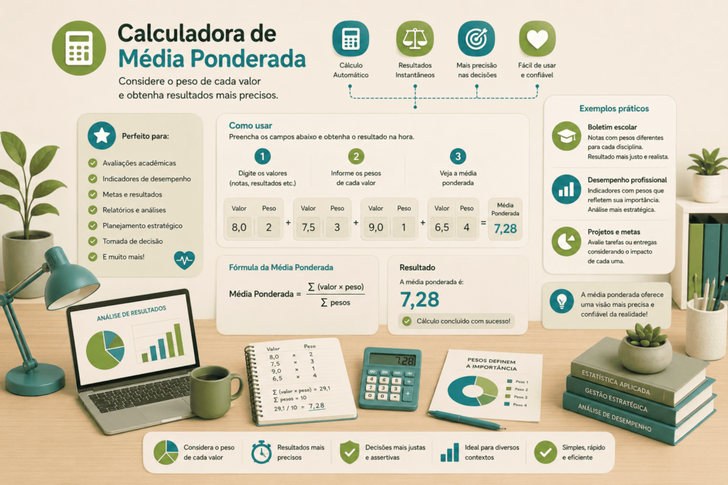 Calculadora de Média Ponderada: Infográfico moderno mostrando uma calculadora de média ponderada com valores, pesos, gráficos e materiais de escritório em uma paleta verde e azul.
