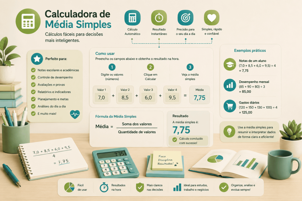 Calculadora de Média Simples: Infográfico ilustrando uma calculadora de média simples com exemplos de cálculos, calculadora, gráficos e materiais de estudo em tons de verde e azul.