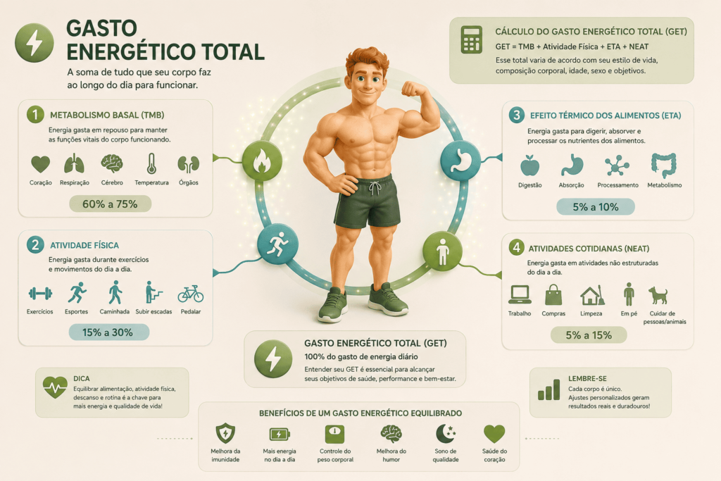 Calculadora de Necessidades Energéticas: Fisiculturista ruivo de olhos verdes cercado por ícones representando metabolismo basal, atividade física, digestão e atividades diárias conectados por fluxos de energia.