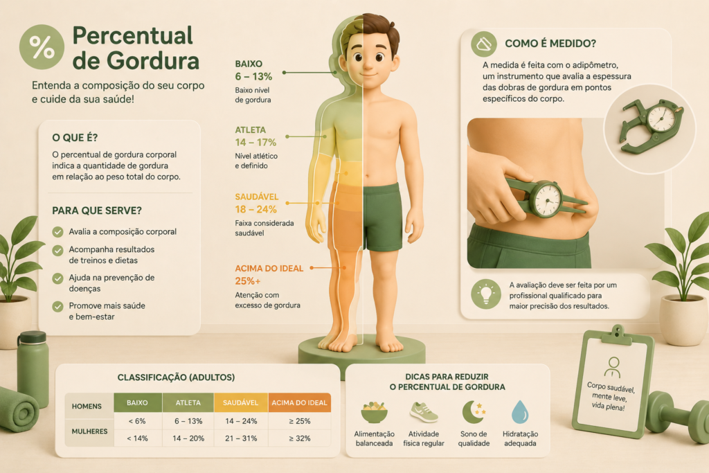 Ilustração semirrealista de um boneco do corpo humano com sobreposições gráficas indicando a distribuição de gordura corporal e avaliação física utilizando adipômetro para Calculadora de Percentual de Gordura 