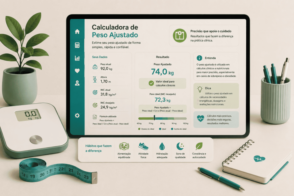 Calculadora de Peso Ajustado: Ilustração minimalista com balança digital, gráficos e elementos de avaliação nutricional representando o cálculo do peso ajustado em ambiente clean.