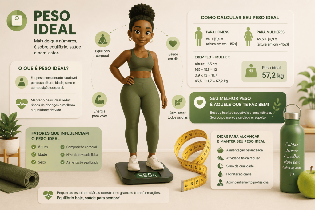 Boneca negra em postura natural ao lado de balança e fita métrica, representando o conceito de Calculadora de Peso Ideal, saúde e equilíbrio corporal em ilustração moderna.