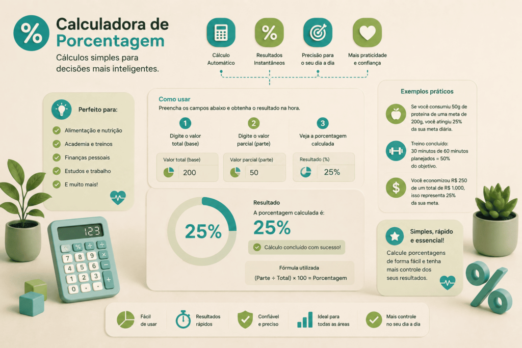 Calculadora de Porcentagem: Ilustração moderna de uma calculadora de porcentagem com gráficos, indicador percentual, calculadora física e elementos visuais em tons de verde e turquesa.
