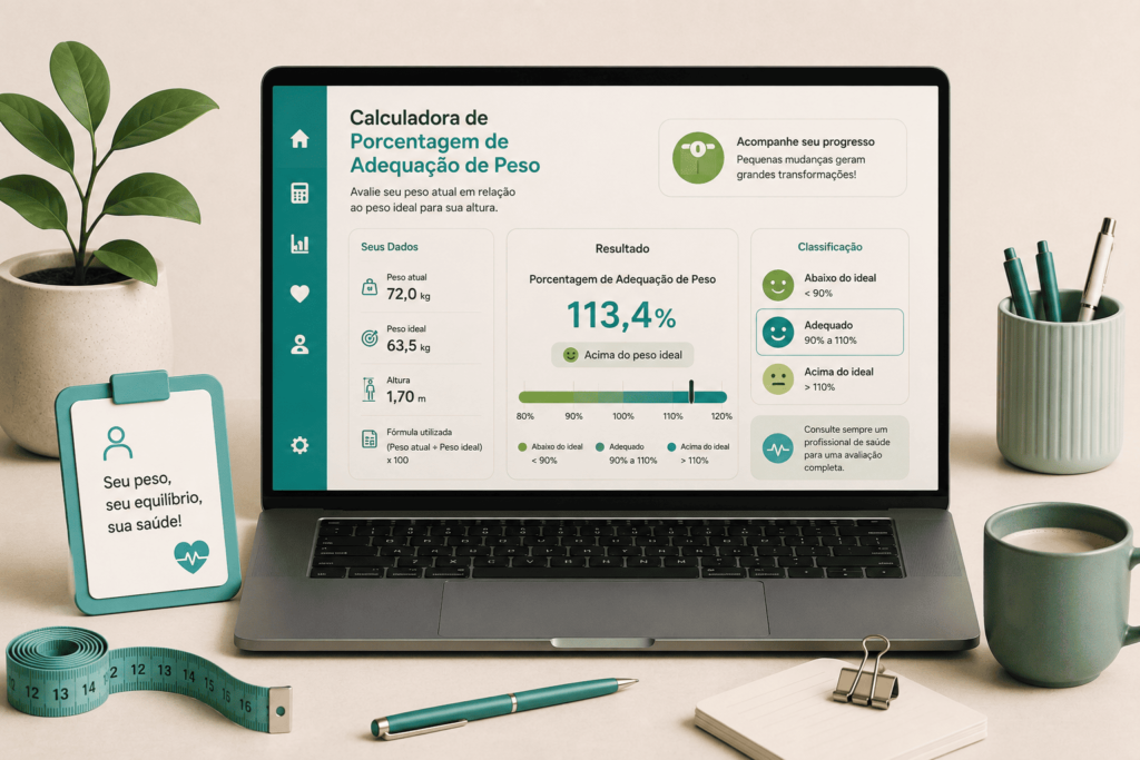 Calculadora de Porcentagem de Peso Adequado: Ilustração moderna com painel digital mostrando indicadores da porcentagem de adequação de peso, gráficos, balança e elementos de avaliação nutricional em tons de verde e turquesa.