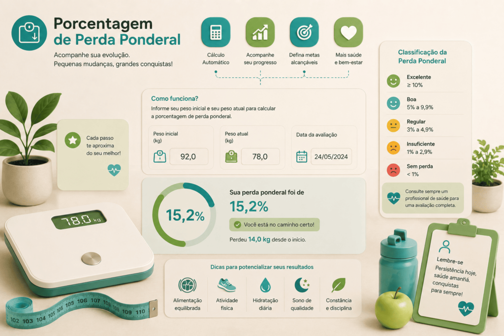 Calculadora de Porcentagem de Perda Ponderal: Ilustração em estilo infográfico com balança, fita métrica, gráficos circulares e indicadores mostrando a porcentagem de perda ponderal em ambiente clean.