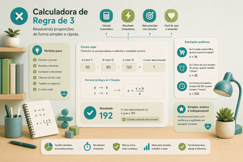 Calculadora de Regra de 3: Ilustração de calculadora de regra de três com exemplos de proporcionalidade, gráficos, calculadora e ambiente de estudos em cores suaves.