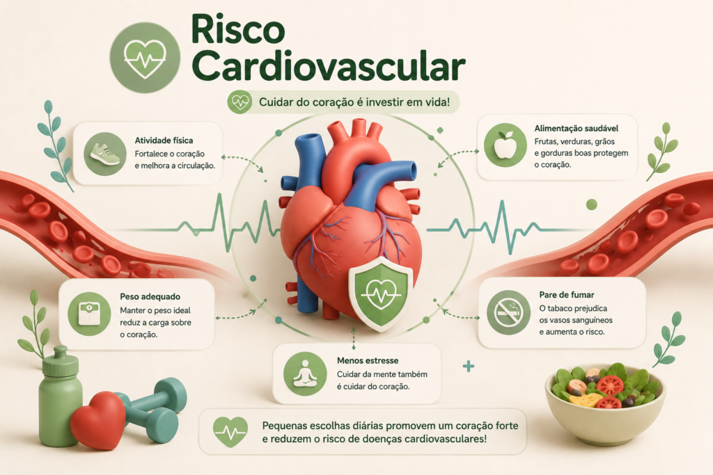 Calculadora de Risco Cardiovascular: Ilustração semirrealista de um coração estilizado acompanhado por linhas de pulso, circulação sanguínea abstrata e elementos gráficos relacionados à prevenção cardiovascular.