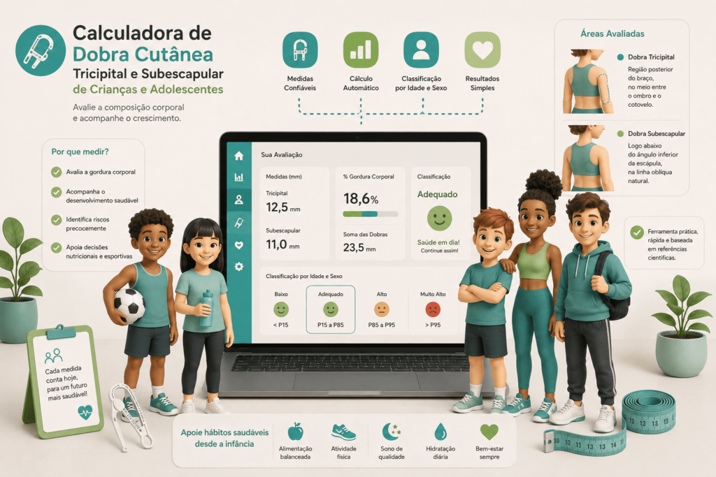 Calculadora de dobra Cutânea Tricipital e Subescapular de Crianças e Adolescentes: Ilustração 3D com crianças e adolescentes de diferentes etnias durante avaliação antropométrica utilizando adipômetro para medir as dobras cutâneas tricipital e subescapular.