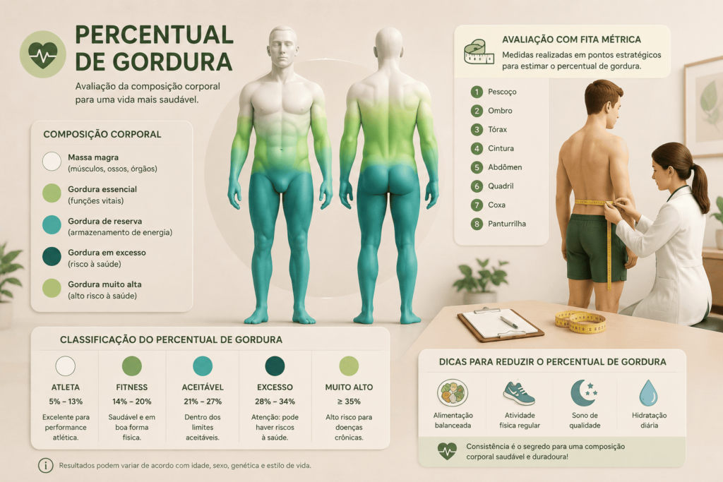 Calculadora do Método de Percentual de Gordura da Marinha dos EUA: Ilustração semirrealista de um boneco do corpo humano com gráficos suaves indicando a distribuição da gordura corporal e avaliação antropométrica utilizando fita métrica.