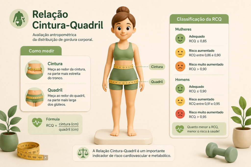 Calculadora de Relação Cintura-Quadril (RCQ): Ilustração semirrealista de uma boneca anatômica humana com fita métrica envolvendo a cintura e o quadril, acompanhada por indicadores discretos de avaliação antropométrica.