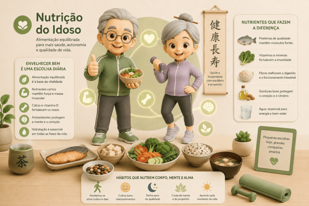 Triagem Nutricional do Idoso (MNA): Ilustração semirrealista de idosos japoneses ativos cercados por alimentos nutritivos, frutas, vegetais e elementos que representam força, vitalidade e envelhecimento saudável para representar Triagem Nutricional do Idoso (MNA).