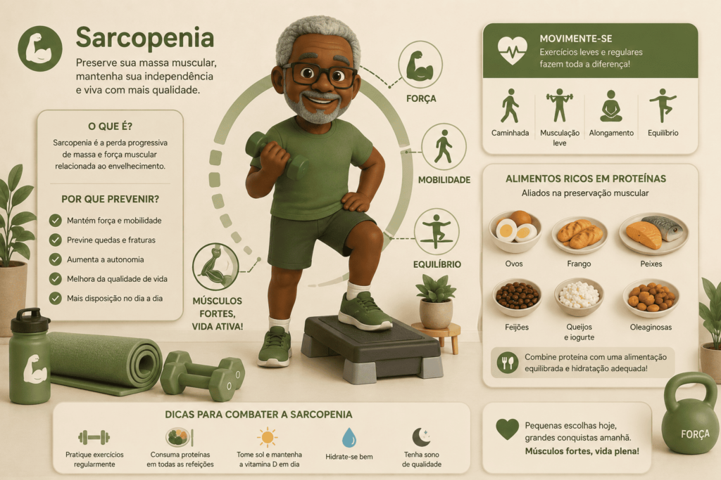 Triagem Para Sarcopenia: Ilustração semirrealista de um homem loiro, magro, com roupa de academia realizando atividade física leve, acompanhado de alimentos ricos em proteínas e elementos que simbolizam força muscular.