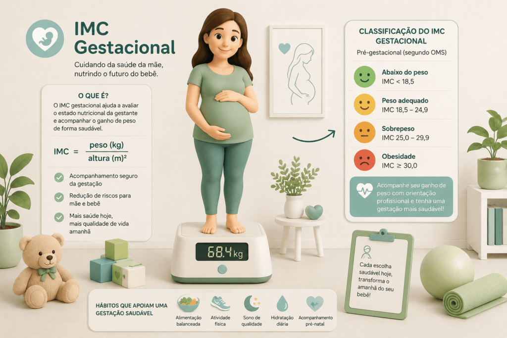 Imagem ilustrativa da Calculadora de IMC Gestacional, desenvolvida para acompanhar o estado nutricional da gestante durante a gravidez conforme os critérios da Organização Mundial da Saúde (OMS). A composição apresenta uma gestante, classificação do IMC, alimentação equilibrada, hidratação, atividade física e acompanhamento pré-natal. Ideal para conteúdos sobre IMC gestacional, ganho de peso na gravidez, calculadora para gestantes, estado nutricional na gestação, pré-natal, saúde materna, nutrição na gravidez, peso ideal na gestação, obstetrícia e gestação saudável.