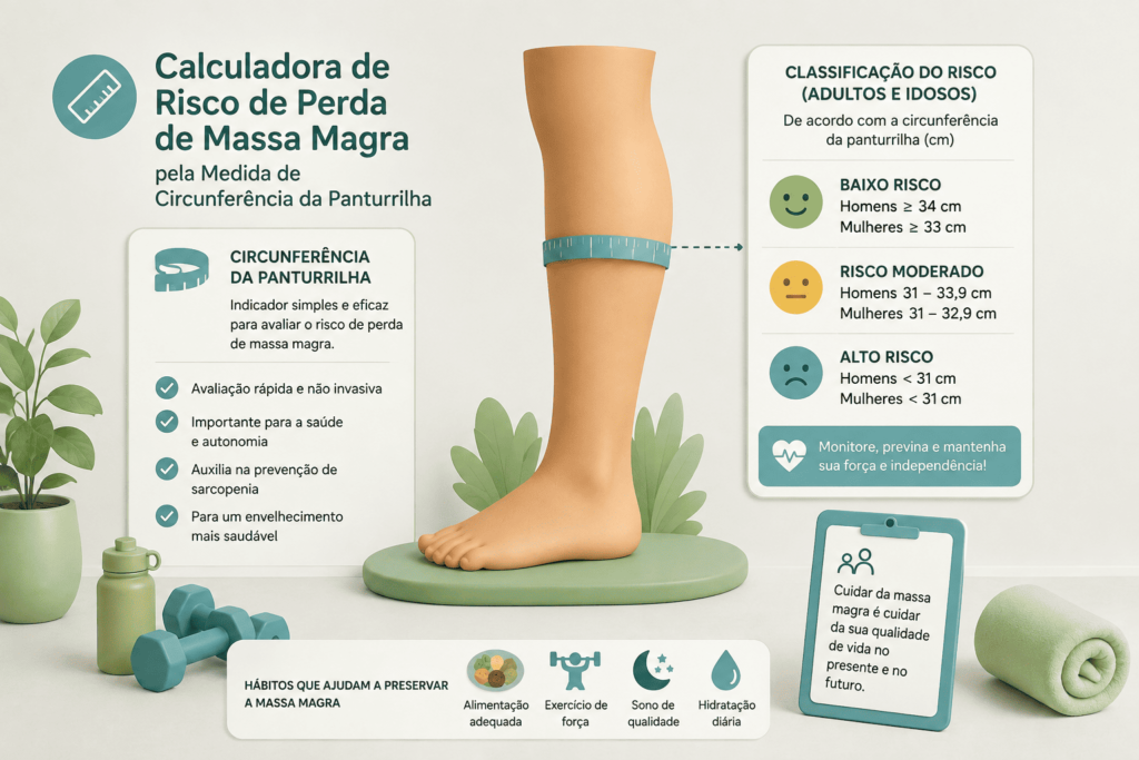 Imagem ilustrativa da Calculadora de Risco de Perda de Massa Magra pela Circunferência da Panturrilha, utilizada para auxiliar na triagem do risco de sarcopenia, especialmente em idosos. A arte apresenta uma perna com fita antropométrica, classificação de risco, hábitos saudáveis e elementos relacionados ao envelhecimento saudável. Ideal para conteúdos sobre circunferência da panturrilha, sarcopenia, massa muscular, idosos, avaliação nutricional, triagem nutricional, envelhecimento ativo, nutrição geriátrica e calculadoras de saúde.